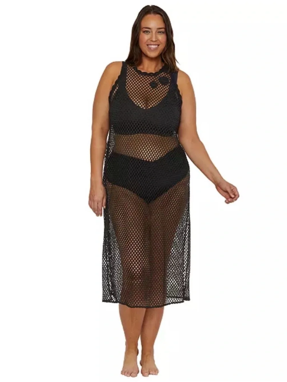 BECCA Black Mesh Midi Swim Cover-Up. Plus Size OX 14/16. NWT. Crochet Flowers